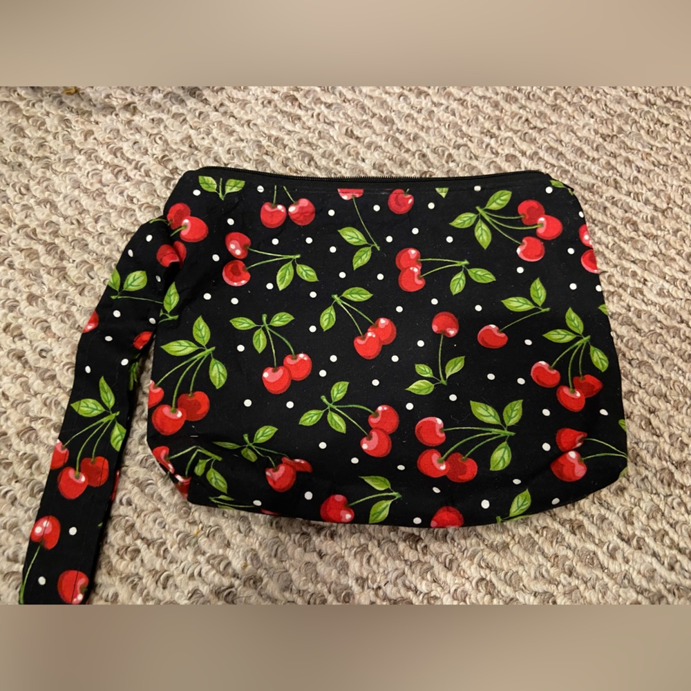 Black Cherry Print Wristlet Cosmetic Pouch